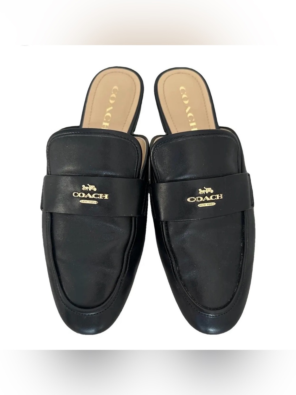 Coach Black Leather Slip-On Loafers with Gold Logo Accent